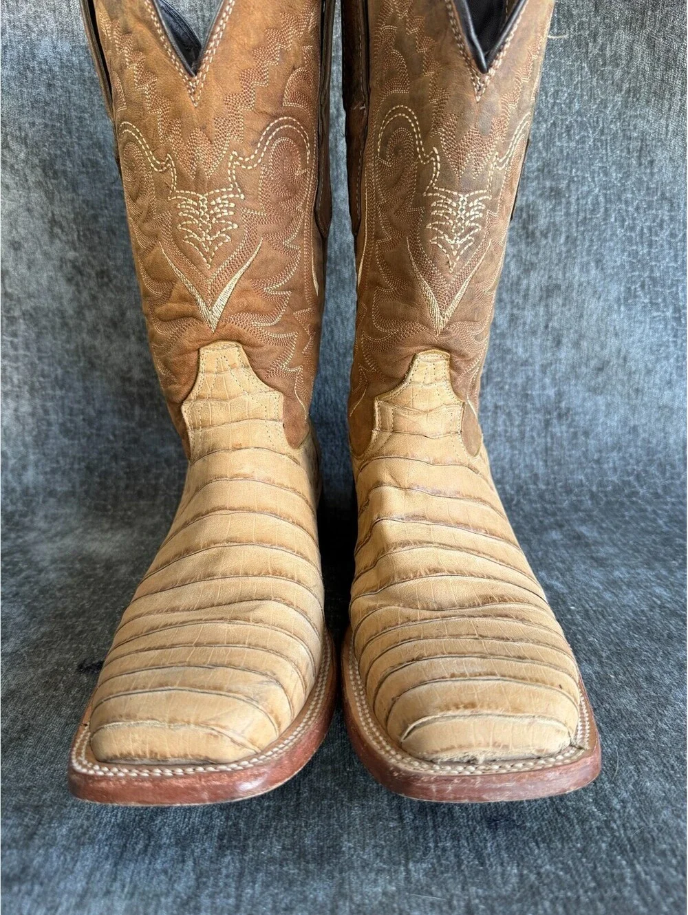 Tanner Mark Mens Cowboy Boots Size 7 Caiman Tail Print Tan Leather Square Toe